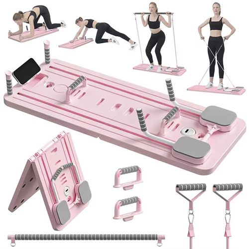 Multi-functional home Pilates abdominal toning board, equipped with a timer function and a phone holder. It has multiple adjustable slope settings. Comes with a set of accessories including resistance bands, prone push-up frame, and knee guards. The material is sturdy and has strong load-bearing capacity. The anti-slip design ensures safe movement. It can be folded for storage and is very convenient for home fat reduction and body shaping.