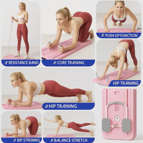 Multi-functional home Pilates abdominal toning board, equipped with a timer function and a phone holder. It has multiple adjustable slope settings. Comes with a set of accessories including resistance bands, prone push-up frame, and knee guards. The material is sturdy and has strong load-bearing capacity. The anti-slip design ensures safe movement. It can be folded for storage and is very convenient for home fat reduction and body shaping.