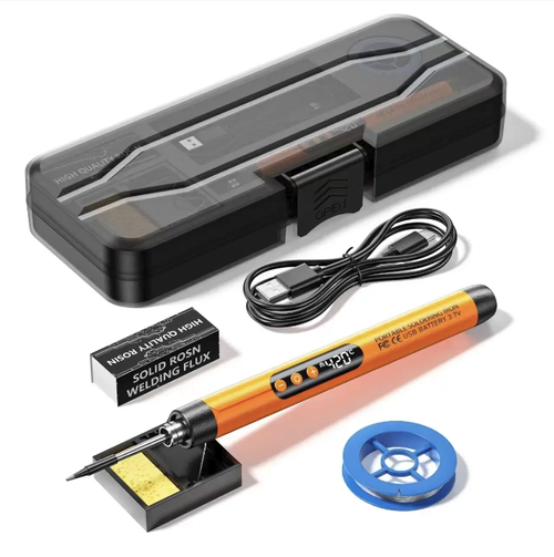 USB charging wireless digital soldering iron, with adjustable temperature, stable and constant temperature, and rapid heating. Wireless design is portable and unrestricted, with built-in sleep mode and anti-dry-burn protection. The complete set comes with soldering wires, rosin, and other consumables. It is packaged in a storage box for easy portability and is very useful for home digital circuit repair and welding.