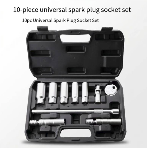 10-piece set spark plug special socket tool, with multiple specifications of extended sockets that can be adapted to various vehicle models. The alloy steel material has strong torsional resistance, and the built-in rubber ring protects the spark plug from being knocked. The universal joint can be turned in multiple directions, making it easy to operate in narrow spaces. The complete set of storage tool box is very practical for both auto repair and vehicle backup.