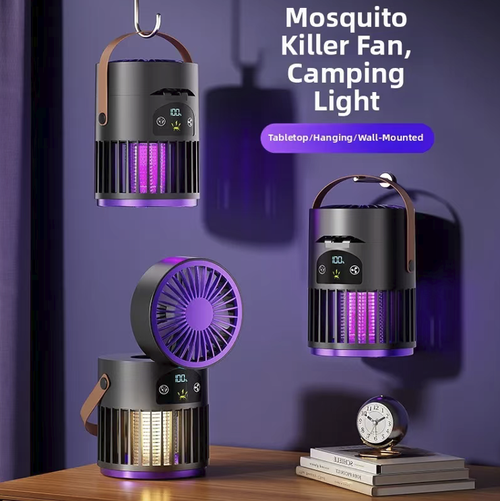 The three-in-one portable camping fan combines the functions of blowing air, emitting ultraviolet light for physical mosquito trapping, and providing ambient lighting. It is non-toxic and odorless. The fan angle can be adjusted. It has long-lasting battery life via USB charging and comes with a portable handle. The protective grille design is safer. It can be used for camping, home use, fishing, and cooling off to prevent mosquitoes.