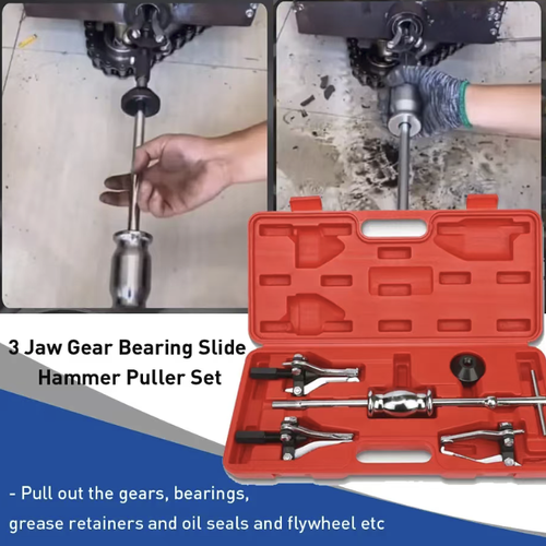 Five-piece screwdriver and puller tool set, suitable for disassembling inner and outer bearings and bushings. The steel is forged to be sturdy and durable. The sliding hammer structure distributes force evenly to prevent damage to parts. The puller heads on the inside and outside can be flexibly switched. The entire set is stored in a hard tool box, making it convenient and practical for auto repair and mechanical disassembly.