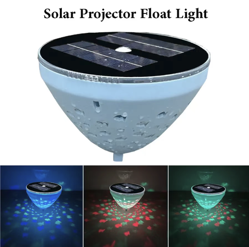 Solar-powered floating projection water-illuminating lamp, which can float on the water surface of a pool. It features IP waterproof sealing design. During the day, it automatically charges the solar energy, and at night, it automatically lights up. The colorful light patterns cycle and change. The hollow shell projects exquisite patterns, suitable for use in courtyards, fish ponds, and landscape water features. It can be installed without wiring and is durable outdoors.