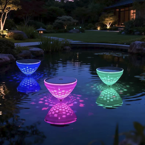Solar-powered floating projection water-illuminating lamp, which can float on the water surface of a pool. It features IP waterproof sealing design. During the day, it automatically charges the solar energy, and at night, it automatically lights up. The colorful light patterns cycle and change. The hollow shell projects exquisite patterns, suitable for use in courtyards, fish ponds, and landscape water features. It can be installed without wiring and is durable outdoors.