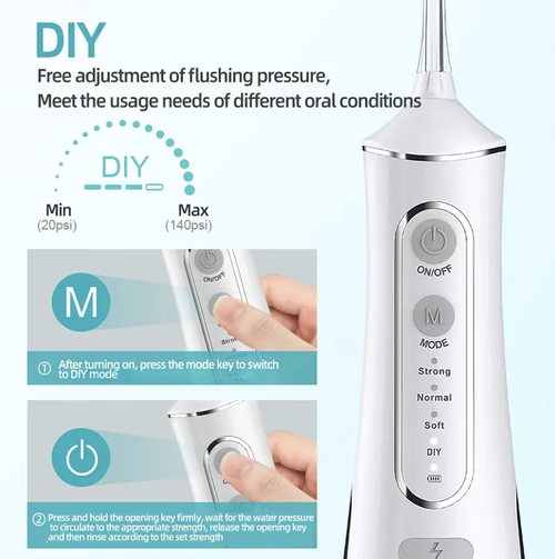 Portable electric toothbrush, using pulsating water flow to clean food residues in the gaps between teeth. Multiple levels of water pressure adjustable. Comes with multiple functional nozzles. Removable water tank, waterproof design. Long-lasting Type-C power supply. It is only an auxiliary tool for oral cleaning and cannot remove tartar. Suitable for daily oral care at home and on the go. Protects oral health.