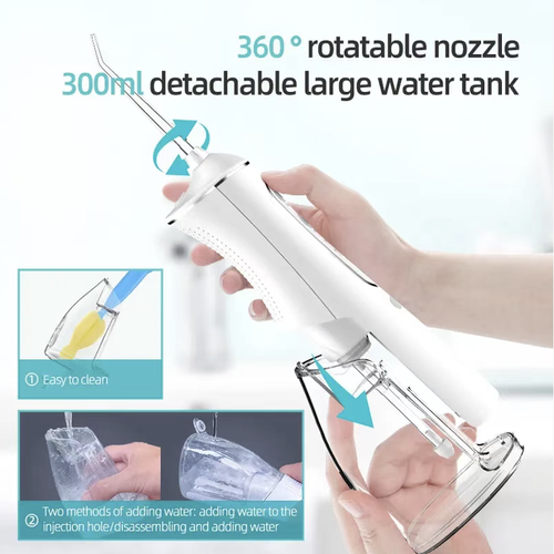 Portable electric toothbrush, using pulsating water flow to clean food residues in the gaps between teeth. Multiple levels of water pressure adjustable. Comes with multiple functional nozzles. Removable water tank, waterproof design. Long-lasting Type-C power supply. It is only an auxiliary tool for oral cleaning and cannot remove tartar. Suitable for daily oral care at home and on the go. Protects oral health.