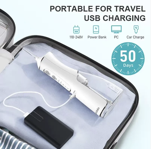 Portable electric toothbrush, using pulsating water flow to clean food residues in the gaps between teeth. Multiple levels of water pressure adjustable. Comes with multiple functional nozzles. Removable water tank, waterproof design. Long-lasting Type-C power supply. It is only an auxiliary tool for oral cleaning and cannot remove tartar. Suitable for daily oral care at home and on the go. Protects oral health.