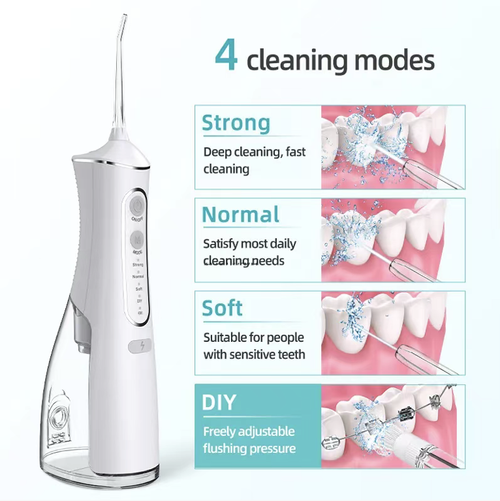 Portable electric toothbrush, using pulsating water flow to clean food residues in the gaps between teeth. Multiple levels of water pressure adjustable. Comes with multiple functional nozzles. Removable water tank, waterproof design. Long-lasting Type-C power supply. It is only an auxiliary tool for oral cleaning and cannot remove tartar. Suitable for daily oral care at home and on the go. Protects oral health.