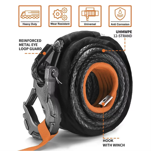 12 strands of high molecular polyethylene winch rope, with a specification of 10mm × 28m, suitable for electric winches of off-road vehicles. The rope is lightweight and flexible, resistant to moisture and not prone to rust. It is equipped with metal hooks and comes with a protective sleeve. Compared to traditional steel cables, it is safer and is suitable for rescue and towing operations when off-road vehicles get stuck. It is a common accessory for off-road travel.