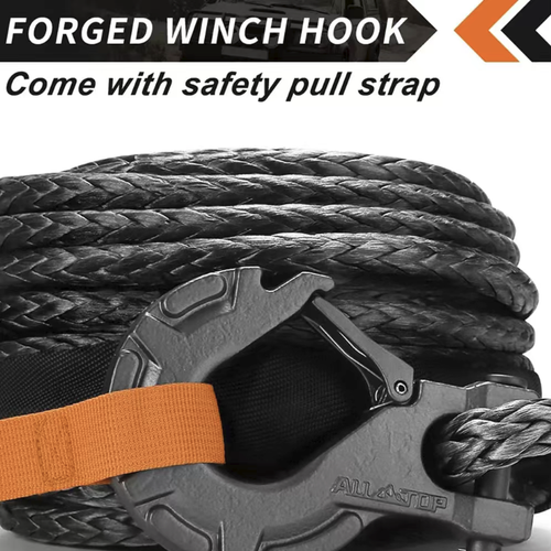 12 strands of high molecular polyethylene winch rope, with a specification of 10mm × 28m, suitable for electric winches of off-road vehicles. The rope is lightweight and flexible, resistant to moisture and not prone to rust. It is equipped with metal hooks and comes with a protective sleeve. Compared to traditional steel cables, it is safer and is suitable for rescue and towing operations when off-road vehicles get stuck. It is a common accessory for off-road travel.