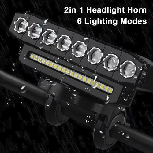 ABS horizontal bike headlight, combining lighting and horn functions. Multiple sets of LED lights with various lighting modes. Equipped with a remote control switch. The mounting bracket is compatible with most handlebars and supports USB charging. It has basic waterproof performance. Suitable for night cycling lighting and warning. As a riding assistance lamp, it helps enhance the safety of night travel.