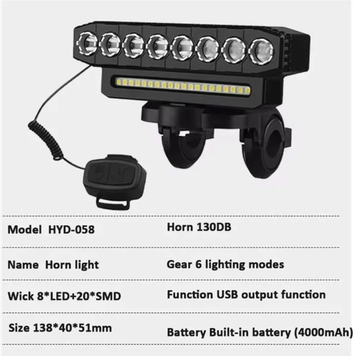 ABS horizontal bike headlight, combining lighting and horn functions. Multiple sets of LED lights with various lighting modes. Equipped with a remote control switch. The mounting bracket is compatible with most handlebars and supports USB charging. It has basic waterproof performance. Suitable for night cycling lighting and warning. As a riding assistance lamp, it helps enhance the safety of night travel.