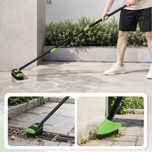 Three-in-one long-handled weed remover brush. The long handle can be segmented and connected to adjust the length, and the brush head can be freely replaced. The weed remover can clear weeds in the gaps of floor tiles, while the hard bristle brush can scrub moss and dirt. It is easy to disassemble and store. It is suitable for cleaning the gaps of courtyard stone paths and terraces, reducing the need to bend over and meeting the daily cleaning requirements of outdoor gardening.