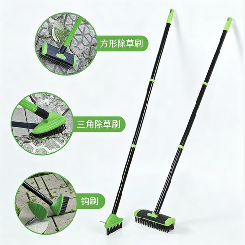 Three-in-one long-handled weed remover brush. The long handle can be segmented and connected to adjust the length, and the brush head can be freely replaced. The weed remover can clear weeds in the gaps of floor tiles, while the hard bristle brush can scrub moss and dirt. It is easy to disassemble and store. It is suitable for cleaning the gaps of courtyard stone paths and terraces, reducing the need to bend over and meeting the daily cleaning requirements of outdoor gardening.