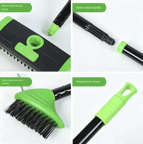 Three-in-one long-handled weed remover brush. The long handle can be segmented and connected to adjust the length, and the brush head can be freely replaced. The weed remover can clear weeds in the gaps of floor tiles, while the hard bristle brush can scrub moss and dirt. It is easy to disassemble and store. It is suitable for cleaning the gaps of courtyard stone paths and terraces, reducing the need to bend over and meeting the daily cleaning requirements of outdoor gardening.