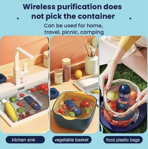 Wireless capsule fruit and vegetable cleaning purifier, supports wireless charging, and the waterproof body can work directly in water. One-click start, suitable for soaking and purifying fruits, vegetables, and meat ingredients. Compact in size, easy to store and carry. It is a food auxiliary purification device and cannot replace water rinsing. When using, avoid dry burning. Suitable for daily use in family kitchens.