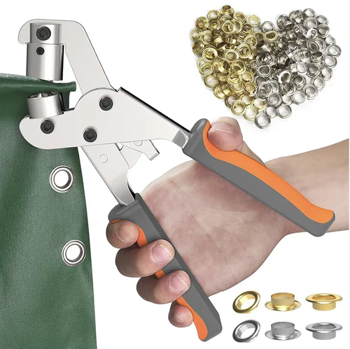 10mm manual eye-punching pliers set, equipped with 300 gold and silver colored eye-punches and a black cushion plate. The lever structure is force-saving and the handle is anti-slip. It can punch and rivet eye-punches into fabrics such as canvas, leather, and banner cloth to reinforce the fabric holes. It is convenient for single-person operation. During the work, be careful to avoid thick layers of fabric and properly maintain the tools.