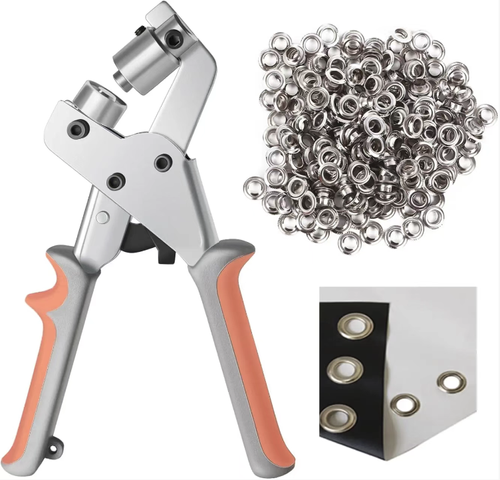 10mm manual eye-punching pliers set, equipped with 300 gold and silver colored eye-punches and a black cushion plate. The lever structure is force-saving and the handle is anti-slip. It can punch and rivet eye-punches into fabrics such as canvas, leather, and banner cloth to reinforce the fabric holes. It is convenient for single-person operation. During the work, be careful to avoid thick layers of fabric and properly maintain the tools.