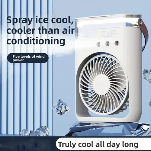 The new three-hole spray fan comes with a portable handle. It can be freely combined in either blowing or spraying mode. The three holes are synchronized for atomization. The water tank is visible for easy refilling. The running noise is gentle. It is suitable for desktop office use, home relaxation, and outdoor vending. It is recommended to add pure water, clean the nozzle regularly, and empty the water accumulation when not in use to extend the equipment's service life.