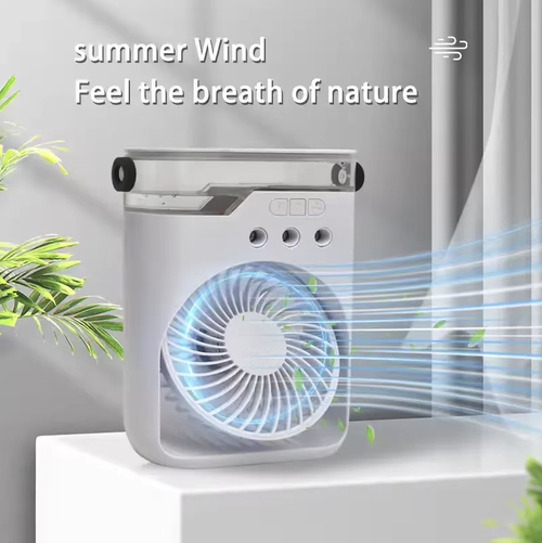 The new three-hole spray fan comes with a portable handle. It can be freely combined in either blowing or spraying mode. The three holes are synchronized for atomization. The water tank is visible for easy refilling. The running noise is gentle. It is suitable for desktop office use, home relaxation, and outdoor vending. It is recommended to add pure water, clean the nozzle regularly, and empty the water accumulation when not in use to extend the equipment's service life.