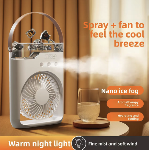 The new three-hole spray fan comes with a portable handle. It can be freely combined in either blowing or spraying mode. The three holes are synchronized for atomization. The water tank is visible for easy refilling. The running noise is gentle. It is suitable for desktop office use, home relaxation, and outdoor vending. It is recommended to add pure water, clean the nozzle regularly, and empty the water accumulation when not in use to extend the equipment's service life.