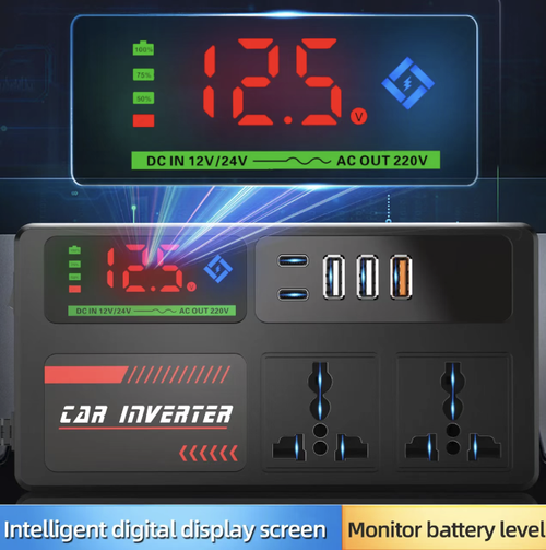 This vehicle-mounted inverter can directly supply power through the cigarette lighter, with voltage display. It is equipped with an AC socket and multiple USB interfaces. It has multiple protective functions and is suitable for powering small electrical appliances in self-driving vehicles. Do not overload it. For high-power loads, it is recommended to start the vehicle. Do not block the heat dissipation opening and avoid water ingress.
