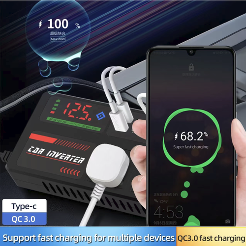 This vehicle-mounted inverter can directly supply power through the cigarette lighter, with voltage display. It is equipped with an AC socket and multiple USB interfaces. It has multiple protective functions and is suitable for powering small electrical appliances in self-driving vehicles. Do not overload it. For high-power loads, it is recommended to start the vehicle. Do not block the heat dissipation opening and avoid water ingress.