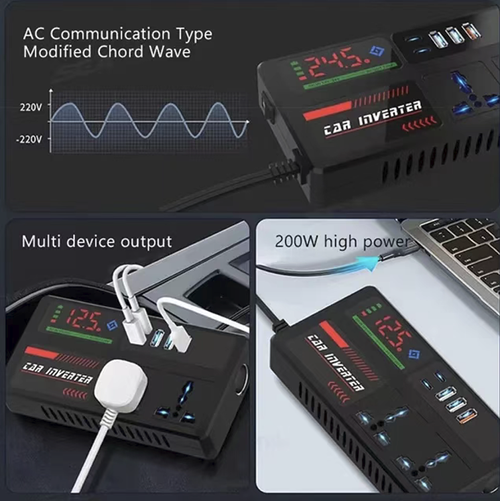 This vehicle-mounted inverter can directly supply power through the cigarette lighter, with voltage display. It is equipped with an AC socket and multiple USB interfaces. It has multiple protective functions and is suitable for powering small electrical appliances in self-driving vehicles. Do not overload it. For high-power loads, it is recommended to start the vehicle. Do not block the heat dissipation opening and avoid water ingress.