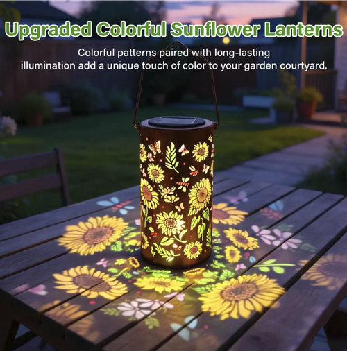 Solar ironwork sunflower lantern with hollow-carved flower and leaf butterfly patterns. The lights can project colorful flower shadows. The top solar panel automatically stores electricity and turns on automatically when it gets dark. It can be hung or placed flat. It has basic waterproofing and is suitable for outdoor decoration in courtyards and gardens. Ensure sufficient sunlight when placing it. Clean the solar panel surface regularly to avoid long-term soaking in heavy rain.