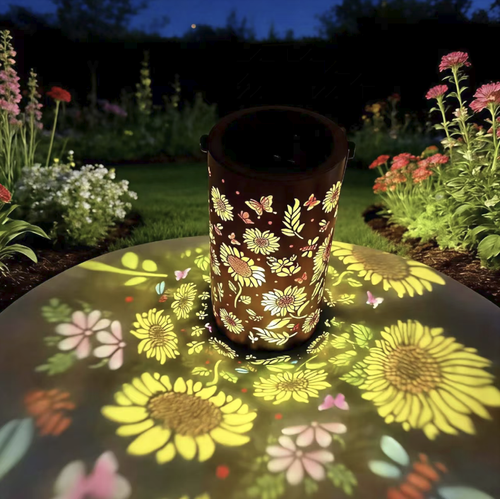 Solar ironwork sunflower lantern with hollow-carved flower and leaf butterfly patterns. The lights can project colorful flower shadows. The top solar panel automatically stores electricity and turns on automatically when it gets dark. It can be hung or placed flat. It has basic waterproofing and is suitable for outdoor decoration in courtyards and gardens. Ensure sufficient sunlight when placing it. Clean the solar panel surface regularly to avoid long-term soaking in heavy rain.