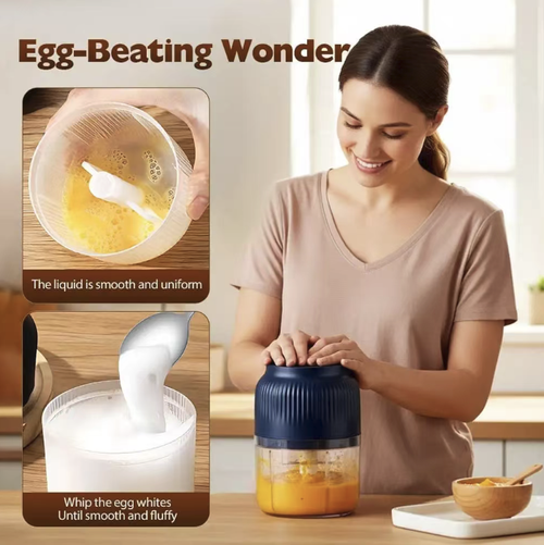 A rechargeable electric garlic grinder equipped with a three-blade stainless steel cutter assembly. The transparent cup body makes it easy to observe the grinding process. It can be used to make garlic paste, baby food, and seasoned vegetables. The machine is portable and easy to store. It is convenient to disassemble and clean. Do not run it without any load. The main unit must not be immersed in water. Handle the cutter head carefully to avoid injury.