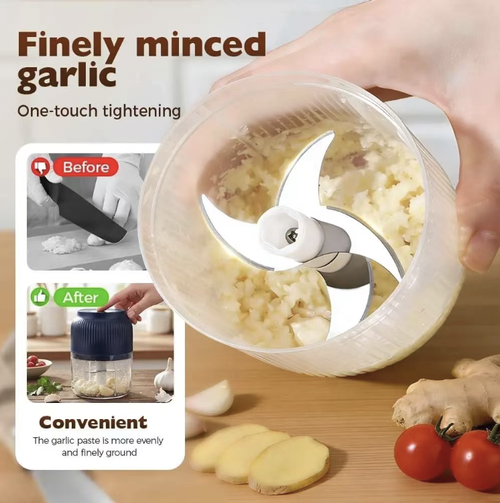 A rechargeable electric garlic grinder equipped with a three-blade stainless steel cutter assembly. The transparent cup body makes it easy to observe the grinding process. It can be used to make garlic paste, baby food, and seasoned vegetables. The machine is portable and easy to store. It is convenient to disassemble and clean. Do not run it without any load. The main unit must not be immersed in water. Handle the cutter head carefully to avoid injury.