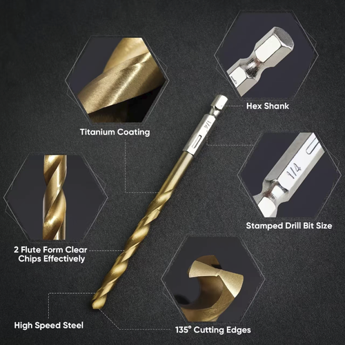 99-piece titanium-plated straight-point twist drill bits, made of high-speed steel. The round handles are compatible with most electric drills. A wide range of specifications are available, allowing for drilling of wood, thin metals, and plastics. The spiral grooves facilitate chip removal. A hard plastic storage box is included for easy organization and carrying. Just open the box and start working.