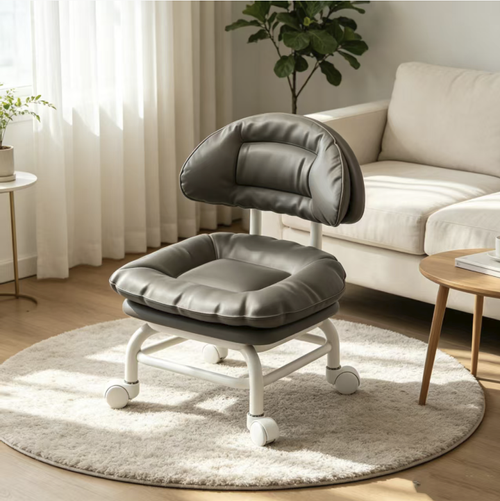Swivel chair with soft padded backrest and low stool, metal frame combined with silent and anti-slip wheels. High-density sponge seat provides soft and comfortable support. The low design is suitable for shoe changing in the entrance, home relaxation, and manual operations. It can be flexibly moved and the fabric is easy to clean. Do not stand on the seat. Regularly tighten the wheel accessories. It is suitable for use on flat indoor floors.