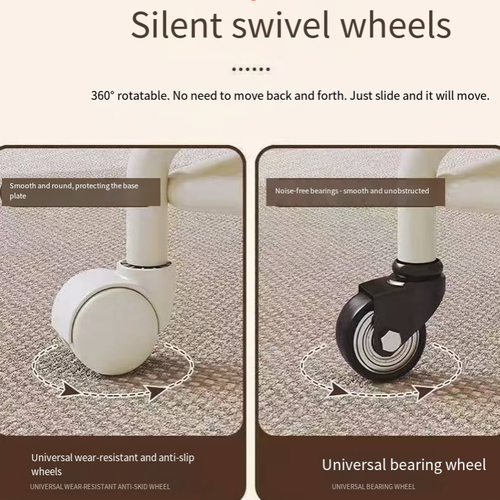 Swivel chair with soft padded backrest and low stool, metal frame combined with silent and anti-slip wheels. High-density sponge seat provides soft and comfortable support. The low design is suitable for shoe changing in the entrance, home relaxation, and manual operations. It can be flexibly moved and the fabric is easy to clean. Do not stand on the seat. Regularly tighten the wheel accessories. It is suitable for use on flat indoor floors.