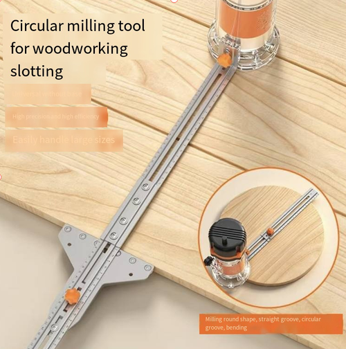 Stainless steel woodworking circularizing machine, compatible with edge trimming machines. The guide rail is marked with scales and the knob can adjust the processing radius. It can complete circular milling of plates, arc trimming, slotting and drilling. It supports large-diameter circular processing. Suitable for woodwork operations of solid wood, density board, etc. After completion, clean up the wood chips and store and maintain properly.