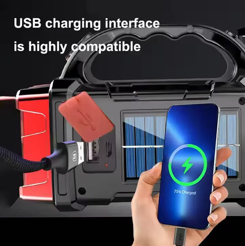 Solar-powered USB dual-charging portable flashlight, with yellow and white dual light sources. The main light has a long-range function, while the side light provides a wide-angle floodlight. It is equipped with a hand grip for easy carrying. It is suitable for camping, maintenance, and emergency lighting during power outages. The intensity of the light affects the speed of solar charging. Do not look directly at the light source. The battery should avoid long-term low-power storage.
