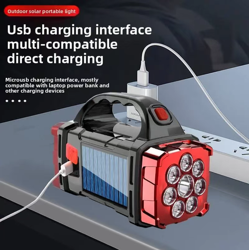 Solar-powered USB dual-charging portable flashlight, with yellow and white dual light sources. The main light has a long-range function, while the side light provides a wide-angle floodlight. It is equipped with a hand grip for easy carrying. It is suitable for camping, maintenance, and emergency lighting during power outages. The intensity of the light affects the speed of solar charging. Do not look directly at the light source. The battery should avoid long-term low-power storage.