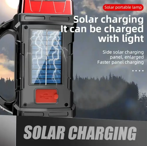 Solar-powered USB dual-charging portable flashlight, with yellow and white dual light sources. The main light has a long-range function, while the side light provides a wide-angle floodlight. It is equipped with a hand grip for easy carrying. It is suitable for camping, maintenance, and emergency lighting during power outages. The intensity of the light affects the speed of solar charging. Do not look directly at the light source. The battery should avoid long-term low-power storage.