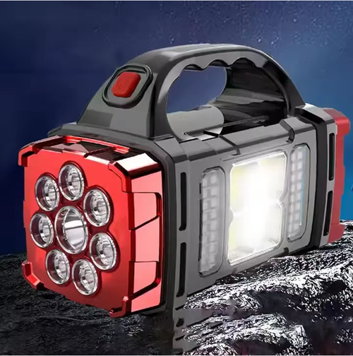 Solar-powered USB dual-charging portable flashlight, with yellow and white dual light sources. The main light has a long-range function, while the side light provides a wide-angle floodlight. It is equipped with a hand grip for easy carrying. It is suitable for camping, maintenance, and emergency lighting during power outages. The intensity of the light affects the speed of solar charging. Do not look directly at the light source. The battery should avoid long-term low-power storage.