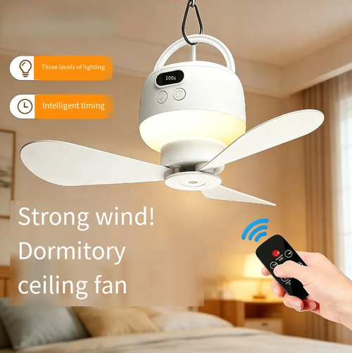 USB portable remote-controlled ceiling fan, with five speed settings for wind and three for lighting. It supports intelligent timing. The fan and night light can be used independently. It comes with a hanging hook and is suitable for use in dormitories and camping tents. The remote control can be used for remote operation. The hanging must be firmly fixed, kept away from water sources, and do not touch the rotating fan blades. It is only used for local auxiliary ventilation.