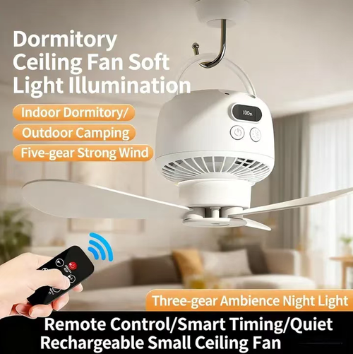 USB portable remote-controlled ceiling fan, with five speed settings for wind and three for lighting. It supports intelligent timing. The fan and night light can be used independently. It comes with a hanging hook and is suitable for use in dormitories and camping tents. The remote control can be used for remote operation. The hanging must be firmly fixed, kept away from water sources, and do not touch the rotating fan blades. It is only used for local auxiliary ventilation.