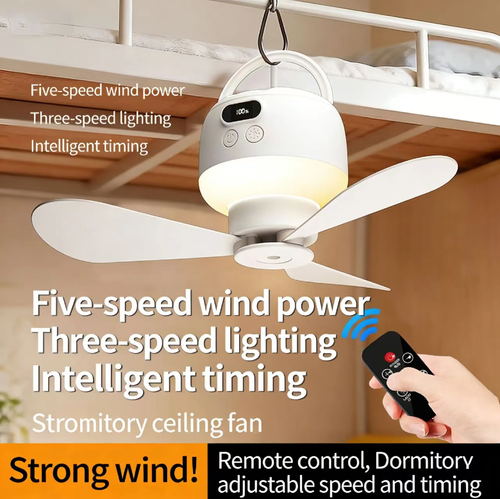 USB portable remote-controlled ceiling fan, with five speed settings for wind and three for lighting. It supports intelligent timing. The fan and night light can be used independently. It comes with a hanging hook and is suitable for use in dormitories and camping tents. The remote control can be used for remote operation. The hanging must be firmly fixed, kept away from water sources, and do not touch the rotating fan blades. It is only used for local auxiliary ventilation.