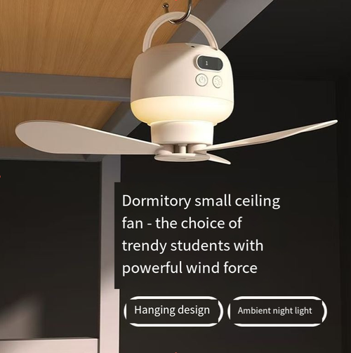 USB portable remote-controlled ceiling fan, with five speed settings for wind and three for lighting. It supports intelligent timing. The fan and night light can be used independently. It comes with a hanging hook and is suitable for use in dormitories and camping tents. The remote control can be used for remote operation. The hanging must be firmly fixed, kept away from water sources, and do not touch the rotating fan blades. It is only used for local auxiliary ventilation.