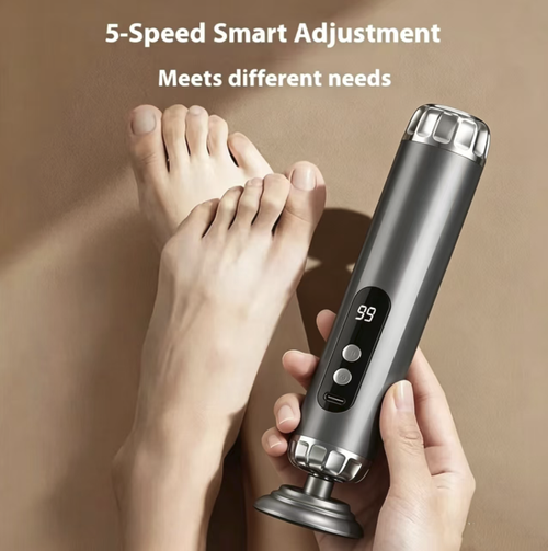 Charging electric foot and toe exfoliator, equipped with digital power display and multiple speed settings. The rotating grinding head removes calluses and dead skin cells from the sole of the foot. After softening the foot, gently polish it. Do not apply excessive pressure or stay for a long time. It cannot be used on damaged skin. The body must not be washed with water. If skin discomfort occurs, please stop using immediately.