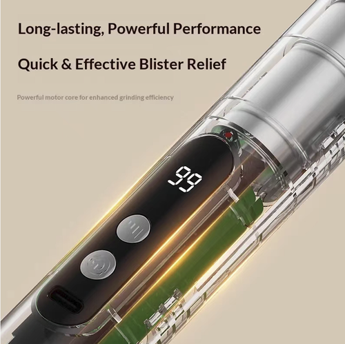 Charging electric foot and toe exfoliator, equipped with digital power display and multiple speed settings. The rotating grinding head removes calluses and dead skin cells from the sole of the foot. After softening the foot, gently polish it. Do not apply excessive pressure or stay for a long time. It cannot be used on damaged skin. The body must not be washed with water. If skin discomfort occurs, please stop using immediately.