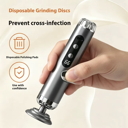 Charging electric foot and toe exfoliator, equipped with digital power display and multiple speed settings. The rotating grinding head removes calluses and dead skin cells from the sole of the foot. After softening the foot, gently polish it. Do not apply excessive pressure or stay for a long time. It cannot be used on damaged skin. The body must not be washed with water. If skin discomfort occurs, please stop using immediately.