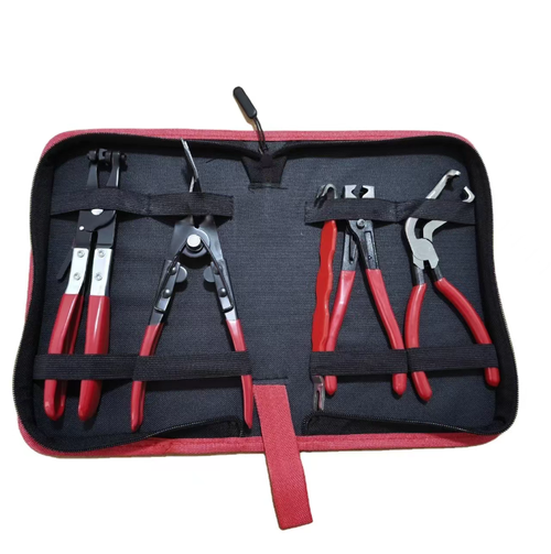A 5-piece set of auto repair pipe clamping tools, paired with a portable storage bag. Multiple pipe clamps and snap pliers are combined. They are used for disassembling and assembling car water pipes, oil pipes and hose clamps. Suitable for operations in cramped engine compartments. Do not use with violence. It cannot be used as a crowbar. After use, clean and dry the tools and store them properly. Replace damaged tools in time.