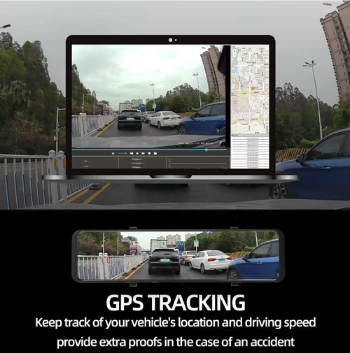 Touchscreen WIFI dual-recording dashboard camera, rearview mirror style, simultaneously records the front and rear scenes of the vehicle. Supports touchscreen control, mobile WIFI connection, loop recording and collision lock. Installation is simple. The images serve as driving reference. Do not frequently operate the equipment while driving. Regularly maintain the memory card to avoid long-term exposure to sunlight.