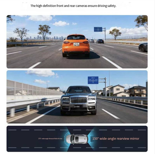 Touchscreen WIFI dual-recording dashboard camera, rearview mirror style, simultaneously records the front and rear scenes of the vehicle. Supports touchscreen control, mobile WIFI connection, loop recording and collision lock. Installation is simple. The images serve as driving reference. Do not frequently operate the equipment while driving. Regularly maintain the memory card to avoid long-term exposure to sunlight.